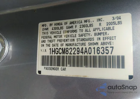 2004 Honda Accord 3.0 Lx z USA, uszkodzony, nr VIN 1HGCM82294A016357